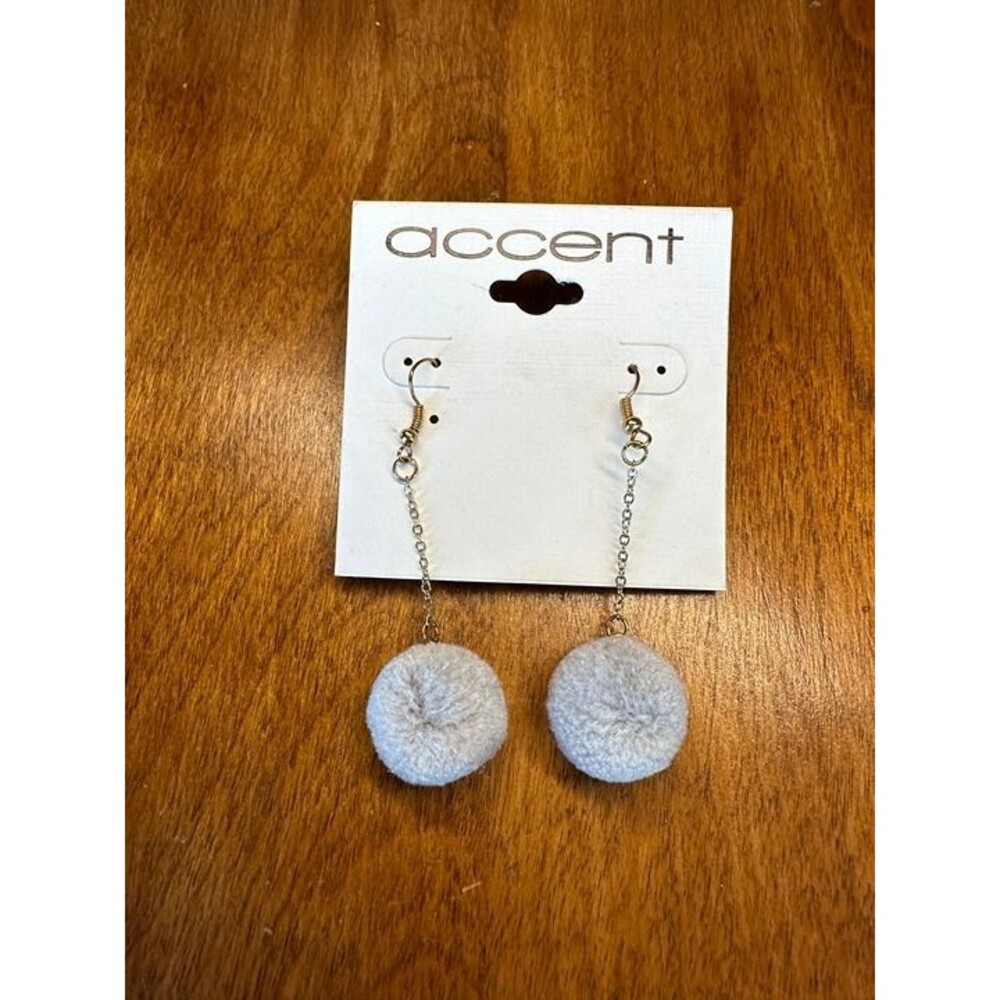 Accent Gray Pom Pom Dangle Earrings Fuzzy Ball Drop Chain Boho NWT New Jewelry